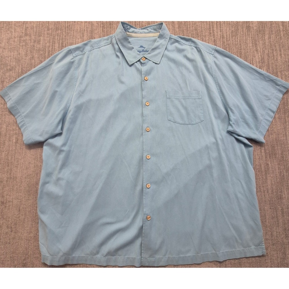 Tommy Bahama men's Big 2XL blue silk blend short sleeve button up shirt stretch